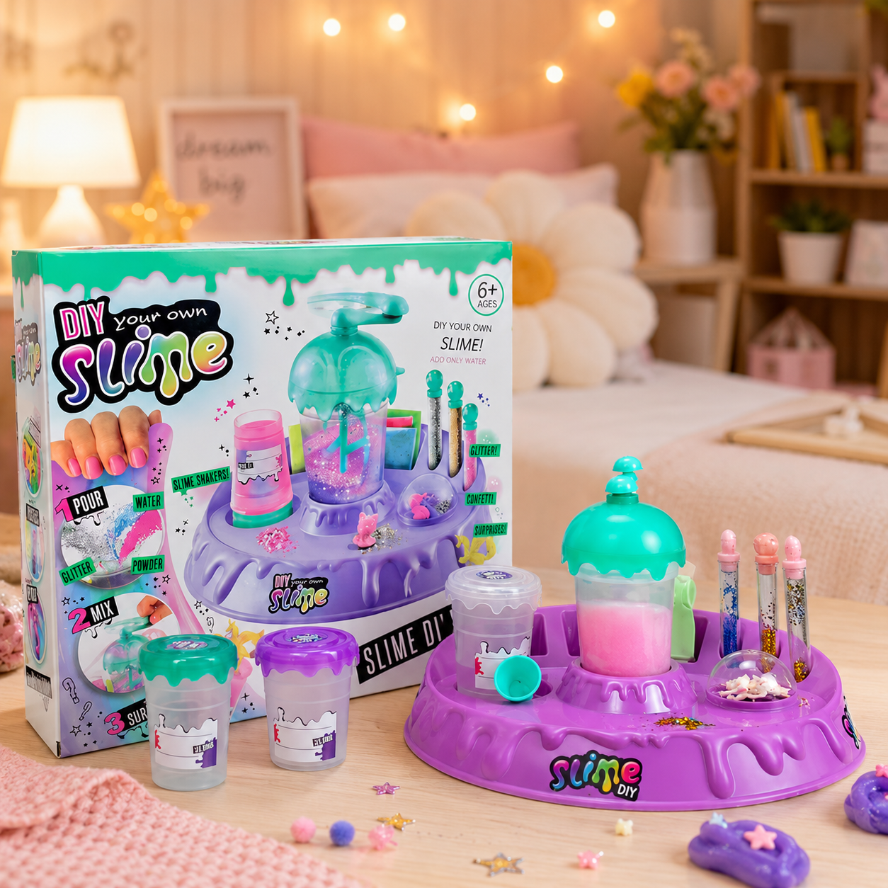 DIY Crystal Slime Mixer Kit with shaker cup, color pods, and unicorn charms on bedroom table